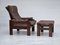 Danish Adjustable Lounge Chair with Footstool in Brown Leather from Skippers Møbler, 1970s, Set of 2 1