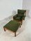 Vintage Brutalist Armlehnstuhl aus Eiche mit Poof aus Original Grünem Geripptem Stoff, 2 . Set 3