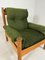Vintage Oak Brutalist Armchair with Poof in Original Green Ribbled Fabric, Set of 2 6