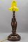 Art Deco Tischlampe mit Eulenskulptur & Gelbem Glas Lampenschirm, 1920er 20