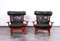 Leather and Oak Ox-Shape Armchairs, 1950s, Set of 2 1