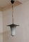 Deutsche Vintage Mid-Century Deckenlampe mit konkavem cremefarbenem Glasschirm mit schwarzem Dekor auf Halterung aus Messing und schwarzem Kunststoff, 1950er 1