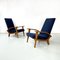 Italian Mid-Century Modern Wood and Blue Fabric Lounge Chairs, 1950s, Set of 2 2