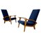 Italian Mid-Century Modern Wood and Blue Fabric Lounge Chairs, 1950s, Set of 2 1