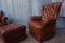 Vintage Tufted Leather Wingback Armchairs with Ottoman, 1980s, Set of 3 5