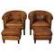 Vintage Dutch Cognac Leather Club Chairs with Footstools, Set of 4 1