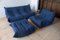 Blauer Togo Sessel aus Mikrofaser mit Pouf und Drei-Sitzer Sofa von Michel Ducaroy für Ligne Roset, 3 . Set 1