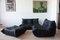 Canapé Deux Places Togo en Cuir Noir avec Pouf par Michel Ducaroy pour Ligne Roset, Set de 3 3