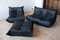 Canapé Deux Places Togo en Cuir Noir avec Pouf par Michel Ducaroy pour Ligne Roset, Set de 3 1