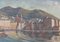 Escena portuaria con barcos de pesca y montañas, siglo XX, óleo a bordo, Imagen 1