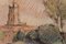 Artista postimpressionista, Schizzo di una chiesa in un paesaggio, Tecnica mista su carta, Immagine 4