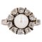 French Modern Cultured Pearl and White Sapphires 18 Karat White Gold Daisy Ring, Image 1
