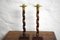 English Oak Barley Twist Candlesticks with Hammered Brass Cups, Set of 2 2