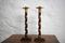 English Oak Barley Twist Candlesticks with Hammered Brass Cups, Set of 2 1