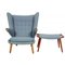 Papa Bear Chair with Stool in Blue Fabric by Hans Wegner, 1970s, Set of 2 2