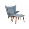 Papa Bear Chair with Stool in Blue Fabric by Hans Wegner, 1970s, Set of 2 1