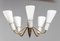 Swedish Brass with Beech Five Arm Chandelier with Frosted Art Glass Shades attributed to Hans Bergström for Asea, 1950s, Image 1