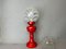 Lampada da tavolo Mid-Century in legno dipinto di rosso con globo in vetro a spirale attribuita a Marinha Grande, Portogallo, anni '60, Immagine 1