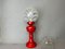 Mid-Century Portuguese Red Painted Wood Table Lamp with Swirl Glass Globe attributed to Marinha Grande, 1960s, Image 1