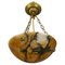 French Art Deco Amber Color Alabaster and Bronze Pendant Light, 1920s, Image 1