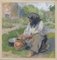 Bäuerin raucht Pfeife bei der Arbeit, Aquarell, 1890er, gerahmt 1