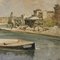 Italienischer Künstler, Landschaftsansicht des Flusses mit Booten, 1960, Mixed Media auf Masonite 8