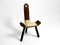Mid-Century 3-Legged Stool with Backrest in Wood with Black-Brown Cowhide Seat, 1950s 2
