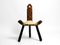 Mid-Century Dreibeiniger Hocker mit Rückenlehne aus Holz mit Sitz aus Schwarzbraunem Rindsleder, 1950er 1