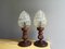 Portuguese Carved Wood and Frosted Glass Skyscraper Table Lamps, 1960s, Set of 2 1