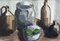 Vasi e frutta verde, Dipinto a olio, anni '50, con cornice, Immagine 10