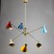 Deckenlampe aus Messing mit Gelenken und farbigen Zinnkappen, Stilnovo zugeschrieben, 1950er 1