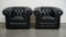 Large English Black Cowhide Chesterfield Armchairs, Set of 2 1