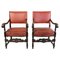 Armchairs in Oak & with Red Leather, 1930s, Set of 2 1