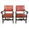 Set of Armchairs in Oak & with Red Leather, 1930s, Image 1