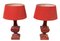 French Red Gesso Timber Table Lamps with Red Shades, 1980s, Set of 2 3