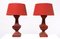 French Red Gesso Timber Table Lamps with Red Shades, 1980s, Set of 2 1