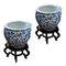 Chinesische Vintage Porzellan Keramik Blumentöpfe mit Holzständern, 2er Set 1