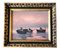 Paisaje marino abstracto con barcos al atardecer, años 70, pintura sobre lienzo, enmarcado, Imagen 1