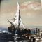 Paesaggio marino mediterraneo con barca e figure, anni '60, dipinto, con cornice, Immagine 3
