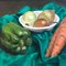 Still Life with Vegetables on Turquoise Cloth, 1970s, Painting on Canvas, Framed 3