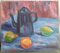 Bodegón con jarra y frutas, años 80, óleo sobre lienzo, Imagen 1