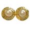 Vintage Golden Round Shape Faux Pearl Earrings with Cutout Logo from Chanel, Set of 2 1