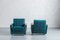 Vintage Blue Fabric and Leatherette Armchairs on Wheels, Germany, 1970s, Set of 2 2