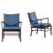 Colonial Easy Chairs in Mahogany, Woven Cane and Fabric by Ole Wanscher, 1960s, Set of 2 1