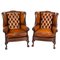 Antique Leather Chippendale Wingback Armchairs, 1920s, Set of 2 1