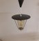 Deutsche Vintage Deckenlampe mit Metallgehäuse mit schwarzem Deckel und Messingstangen für einen konischen getönten Glasschirm mit gestreiftem Dekor, 1960er 4