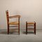 Set of Rustic Armchair and Stool in Stained Oak and Rush, 1950s 4