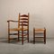 Set of Rustic Armchair and Stool in Stained Oak and Rush, 1950s 2