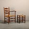 Set of Rustic Armchair and Stool in Stained Oak and Rush, 1950s 5