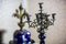 Antique Sapphire Ceramic Mantel Clock Set with Brass Elements, 1890s, Set of 3 13
